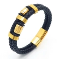 Bracciale da uomo a doppio strato in pelle nera intrecciata con chiusura dorata - Stile B Oro (KB170740-SJ) / 19cm
