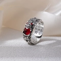 Vintage silver ring with red garnet stone and engraved Buddhist Heart Sutra scriptures - Antique Silver with Red Stone