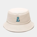 Detailed close-up of blue dinosaur embroidery on a beige cotton bucket hat - M (56-58cm) / Beige