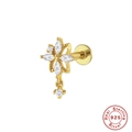 Detailed view of S925 sterling silver gold stud with zircon cross and floral motif - Single Gold-Cross Flower