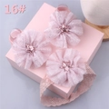 Close-up of pink lace baby headband set with glitter star and tulle flower details - Style 16 (Pink Sequin Star Headband 3pcs)