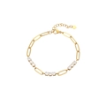 Elegant gold hollow rectangle link bracelet with sparkling cubic zirconia and heart charm - B2293-GO (9 Round Stones)