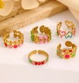 Five-piece set of gold-plated open rings with colorful enamel hearts and leaf patterns - Stainless Steel Colorful Heart Leaf Enamel Ring Set (5Pcs) (28 不锈钢滴油戒指5个)