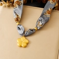 Gray leopard print silk ribbon necklace with gold flower pendant and metallic beads - Grey Leopard Gold Five-petal Flower Style (N3838)