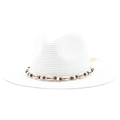 Detail of white straw fedora hat featuring a decorative shell and wooden bead band - M (56-58cm) / White
