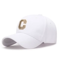 Classic white baseball cap featuring a golden 3D embroidered C letter on the front - White