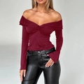 Slim fit wine red off-shoulder long sleeve top with ruffle trim and front twist detail - S / Burgundy