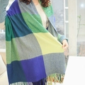 Green and blue plaid faux cashmere scarf with fringe, stylish winter shawl for women - Blue and Green Plaid
