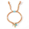 Bohemian colorful hand-woven bracelet with golden cross, oval medal, and blue bead charm - Orange/Blue/Yellow Woven Rope