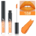 Détail du rouge à lèvres liquide mat orange DUNUF n° 18 avec applicateur et essai lèvres - 18#