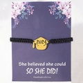 2024 graduation black braided bracelet with gold mortarboard charm and 2024 pendant - Woven Bracelet Gold Color