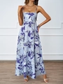 Maxikleid mit Blumenmuster in Hellblau mit lila Blüten und stilvollem rückenfreiem Design - S / Blau Bedruckt