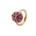 Detail of vintage pink enamel ring with central square zircon and golden adjustable band - Adjustable Open / Pink