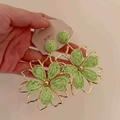 Detail of large hand-held green raffia flower earrings with golden openwork frame - 21# Silver Needle-Gold-Green (Light Green Flower)