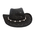 Cappello da cowboy in paglia nera intrecciata con perline bianche a forma di cuore - Nero (Perline a Cuore Bianche)