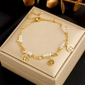 Gold double-layered stainless steel anklet with Tree of Life charms and clear beads - Transparent Bead Tree Of Life Double Layer Style (B1007)
