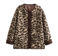 Detail of leopard print fleece jacket with brown corduroy trim and button closure - XS / Leopard Print