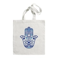 White canvas tote bag with Turkish Evil Eye and Hamsa Hand blue print decoration - Blue Totem Hamsa M