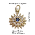 Vue détaillée d'un pendentif soleil en cuivre de 18mm avec zircon bleu et mesures - Soleil Pierre Bleue/Or/Strass