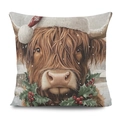 Linnen vierkant sierkussen met kerst Highland koe en een feestelijke rode muts - Hooglandkoe met kerstmuts en hulstkrans (03)