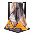 Silky satin square scarf featuring vintage yellow and grey color block horse prints - Geometric Steed Brown (SD90-21-2)