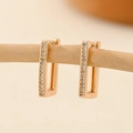 Close-up of gold-plated geometric hoop earrings with cubic zirconia on wooden branch - EH220 Rectangular Geometric