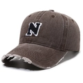 Brown vintage washed cotton baseball cap with embroidered letter N and distressed brim - Adjustable / Coffee