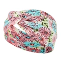 Detail of twisted beige yoga headband with pink and blue floral patterns on soft elastic fabric - Beige Background Pink Blue Floral (23)