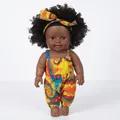 12-inch African American baby doll in yellow tie-dye overalls with a matching headband - Wax Dye Yellow Tie-Dye