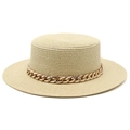 Flat top straw boater hat for women with a decorative gold chain band for beach sun protection - Beige