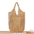 Hand-woven hollow straw tote bag in light khaki with inner pouch for beach holidays - Camel