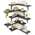 L-shaped rustic grey wood floating corner shelves with black metal brackets in set of four - 5 Pieces Set / Black
