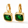 French vintage gold earrings featuring square emerald green stones with zircon halo - Emerald Green Style (KDE960)