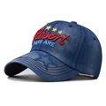 Casquette de baseball en jean bleu foncé délavé avec broderie et détails d'étoiles - Réglable / Denim Avec Texte Rouge