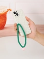 White wave texture phone case with green beaded wrist strap and pink heart charm - Pink Heart Pendant (K551)