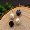 Handmade baroque pearl and blue lapis lazuli asymmetric drop earrings with gold hooks - Lapis Lazuli Pearl