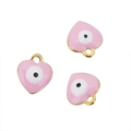 Close-up of three pink enamel heart charms with evil eye detail in gold finish - Gold Base Pink