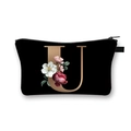 Black polyester cosmetics bag with a golden floral initial U print and top zipper - Letter U