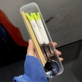 Portable tableware set with green cartoon onion ceramic handles in a transparent box - Scallion Spoon Fork Chopsticks Set (With Box)
