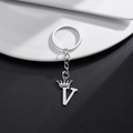 Silver stainless steel keychain featuring a crown charm and letter V pendant - Letter V Crown Style (V)