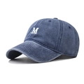 Close-up of white M embroidery on washed navy cotton baseball cap with vintage texture - Adjustable / M Navy Blue