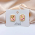 Detail of pink enamel rectangle earrings with golden tulip relief and small pearl trim - Tulip Enamel Earrings (23#) / Pink