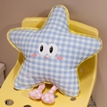 Blue checkered star plush pillow with cute face and legs on a yellow chair - Blue Plaid Star