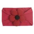 Detail of soft nylon dark red baby headband with a 3D textured floral fabric ornament - Burgundy
