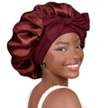 Wine red satin hair bonnet with large bow tie, luxurious silk texture for hair protection - Large / Burgundy