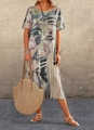 Detail of artistic abstract print and cotton texture on short sleeve midi dress - Gray