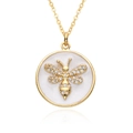 Gold bee pendant necklace with diamond wings on white enamel base, studio shot - White Enamel Bee Rhinestone Style (D559)
