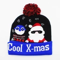 Winter LED knitted hat in black and blue with colorful glowing lights and Cool X-mas text - Hat Style 20 (Black Blue Santa Penguin)