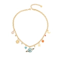 Collana in acciaio dorato con ciondoli smaltati azzurro a forma di cuore e pianeta - Stile Tema Pianeta e Corpi Celesti (2#)