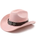 Detalle de sombrero vaquero rosa de ante con tachuelas de metal y hebilla de águila en cuero - M (56-58cm) / Rosa